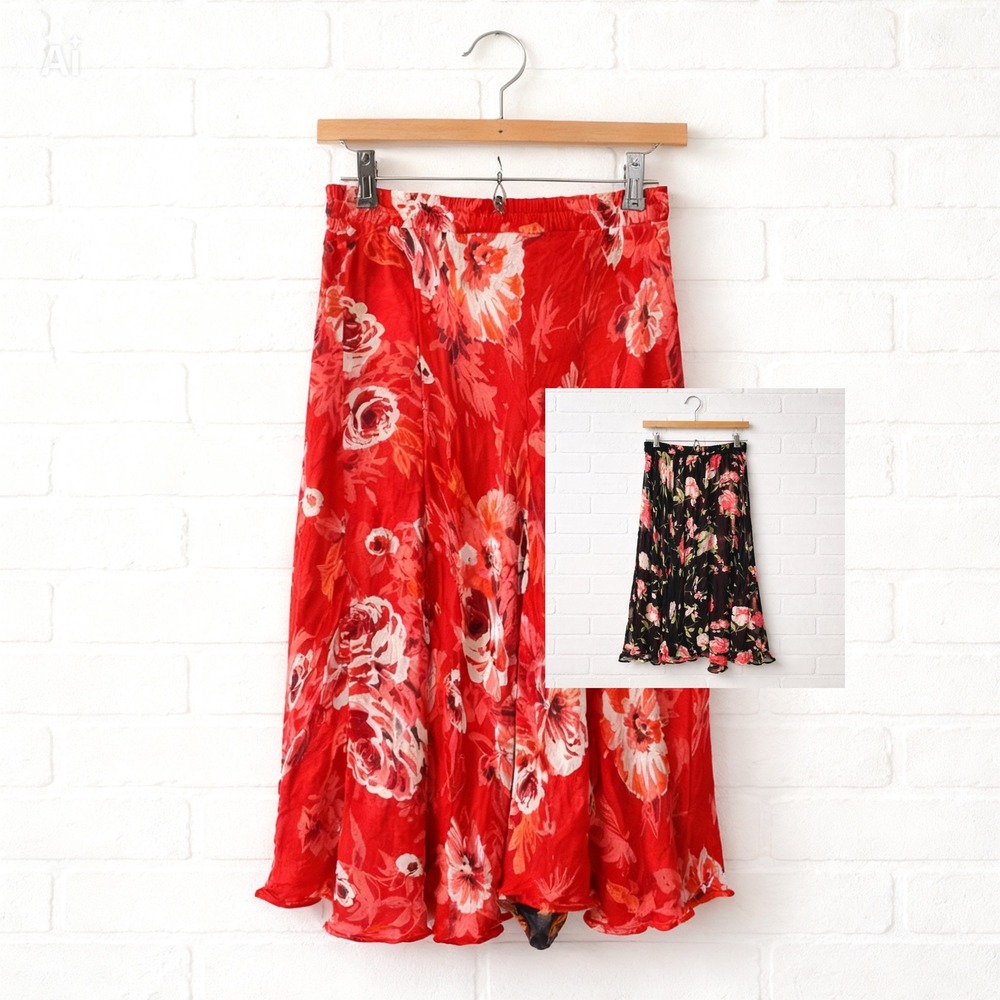 Reversible Floral Midi Skirt Women Large Red Black Rose Elastic Waist No Tag